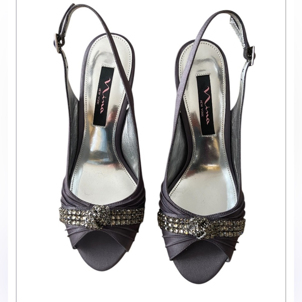 Nina Women's Gray Embellished Peep-Toe Heels Size 8